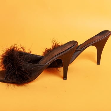90s 2000s Black Feather Retro Fredericks of Hollywood Heels Vintage Y2K Strappy Mules 