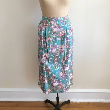 Teal and Pink Floral/Rose Print Cotton Midi Skirt - 1980s 