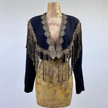 Vintage 1980s Marian Clayden Cropped Fringed Silk Jacket, Dramatic Black and Gold Shawl Collar Bolero, Wearable Art, Small 