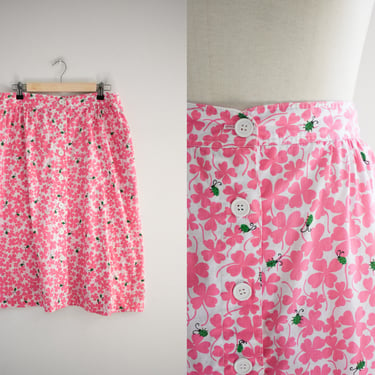 1980s Pink Clover and Ladybug Midi Skirt 