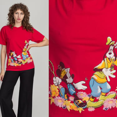 90s Goofy & Mickey Catching Butterflies T Shirt - Medium | Vintage Disney Cartoon Red Floral Butterfly Tee 