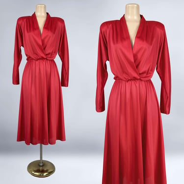 VINTAGE 70s 80s Red Deep Plunge Disco Dress By Karens Korner | 1970s 1980s Draped Batwing Sleeve Full Dress | Studio 54 | VFG 