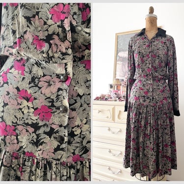 Vintage ‘80s Maggy London by Jeannene Booher floral print dress | soft rayon drop waist dress, gray & fuschia flowers, XS 