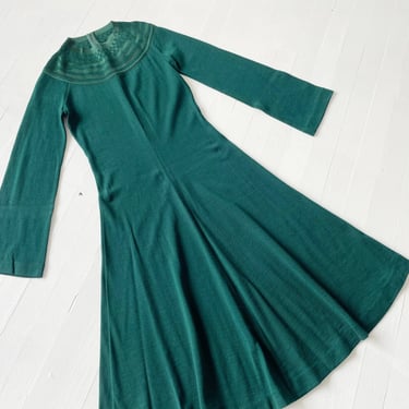 1970s Goldworm Forest Green Wool Dress 