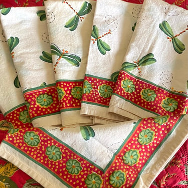 Set of  6 Pomegranate Dragon Fly 18” Square Cloth Cotton fabric ~ Hand Block Printed ~ French Country Napkins~ India Print Garden Napkin Set 