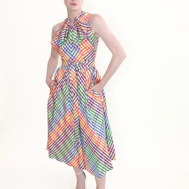 Geoffrey Beene 1970s Rainbow Plaid Dress With Bow Neckline 