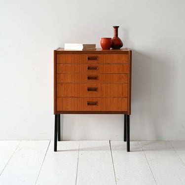 Vintage Scandinavian Teak Nightstand with Five Drawers and Black Tapered Legs, 1960s 