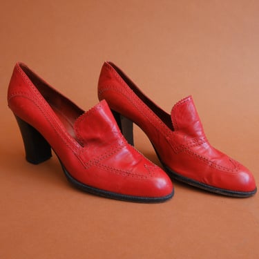 Vintage 70s Yves Saint Laurent Red Heeled Loafers/ 1970s YSL Wingtip Shoes/ Size 8 