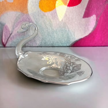 Vintage Duncan Miller Glass Swan Candy Dish Silver City Flanders Silver Overlay 