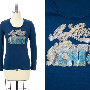 Vintage 1970s Tee | 70s "I Love Cats" Iron-On Novelty Print Graphic Shirt Blue Long Sleeve Top (x-small) 