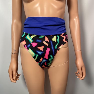 Vintage 90s Neon Squiggle Print Ultra High Waist Bikini Bottoms Size 12 