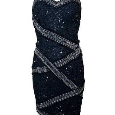 Fabrice 80s Black Strapless Beaded Mini Cocktail Dress