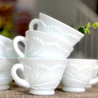 VINTAGE: 1950s - 8pcs - Indiana Glass Pebble Leaf Milk Glass Cups - Punch Bowl Cups - Teacups - Milk Glass - SKU 