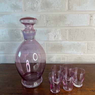 Vintage Pink Glass Decanter and Set of 5 Shot Glasses, Handblown 