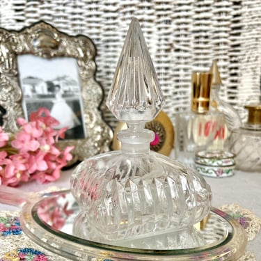 Faceted Cut Glass Perfume Bottle, Glass Dauber Top, Dresser, Vanity, Mid Century Vintage 