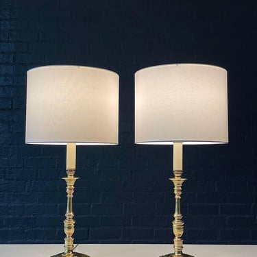 Pair of Spiral Decorated Queen Anne Brass Candlesticks Style Table Lamps, c.1970’s 