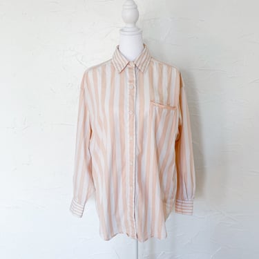 80s Cotton Striped Light Pink and White Button Down Shirt | Large/Extra Large 