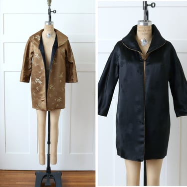 vintage 1960s custom reversible jacket • Chinese silk dress coat in black & tan brocade with dramatic collar 