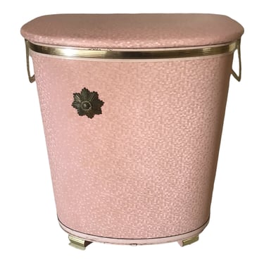 Mid-Century Pink & Gold Pearl Wick Laundry Hamper | Starburst Emblem | Lucite Handles | RETRO+GLAM! 