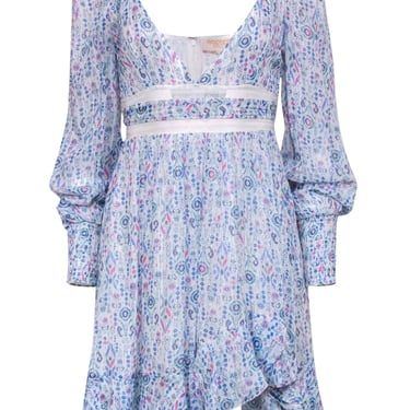 Rococo Sand - White, Blue & Pink Printed Metallic Dress w/ Lace Sz P