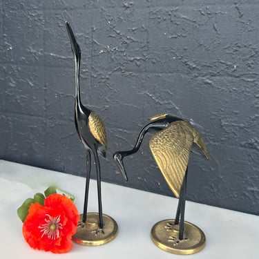 Brass and Enamel Pair of Cranes