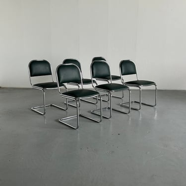 1 of 6 Bauhaus Design Chrome Tubular Steel and Green Faux Leather Cantilever Chairs, 1980s Italy 