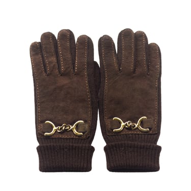 1970s or 80s brown knit gloves with gold chain accents 