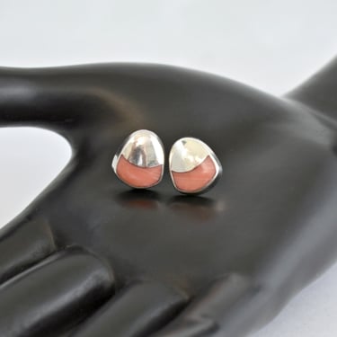 60's pink coral sterling Modernist studs, 925 silver salmon coral puffy triangle earrings 