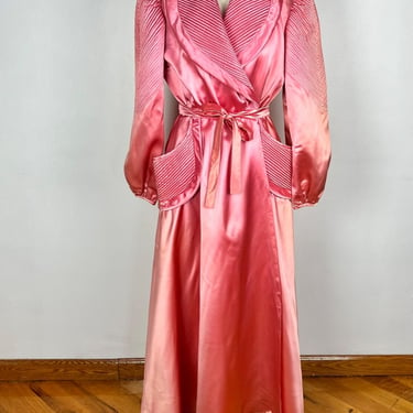 Vintage 1930s Pink Robe Dressing Gown / 40s 1930s Satin Boudoir 1940s Trapunto Quilting Lingerie Pin Up Pinup Peignoir Slip Jacket VLV XL 
