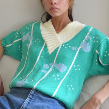 cotton vneck short sleeve 80s sweater 