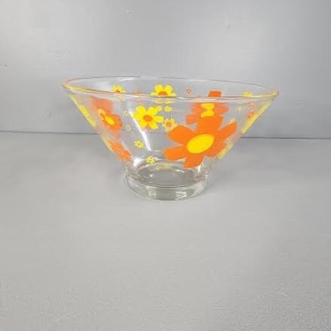 Large Retro Floral Print Glass Serving Chip Bowl 