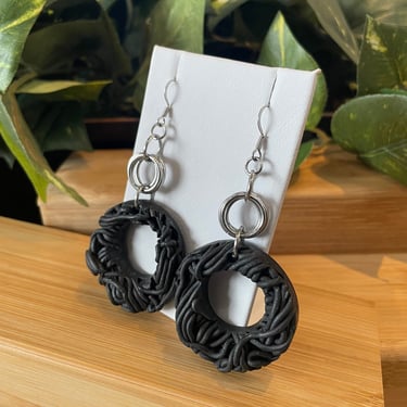 Medusa Inspired Drop Dangle Hollow Circle Black and Silver Earrings | Polymer Clay, Stainless Steel | Unique Jewelry | Lightweight Jewelry 