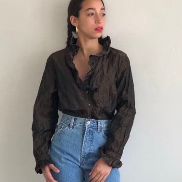 90s crinkle ruffle blouse / vintage inky brown crinkly portrait collar ruffle blouse | XS S M 