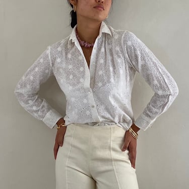 90s eyelet blouse / vintage white cotton embroidered broderie anglaise eyelet long sleeve collared semi sheer blouse | Medium 