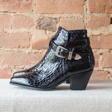 black alligator leather boots | 80s vintage Dingo black patent leather western cowboy style pointed toe high heel boots 