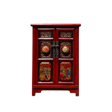 Chinese Distressed Brick Red Carving Graphic Tall Side End Table Nightstand cs7611E 