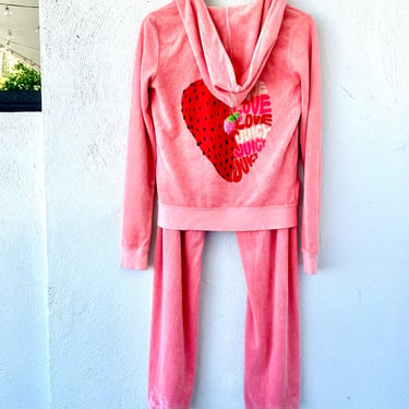 Vintage Juicy Couture Terrycloth Pink Track Suit Y2k Low Rise Pants Hoodie Jacket Strawberry 