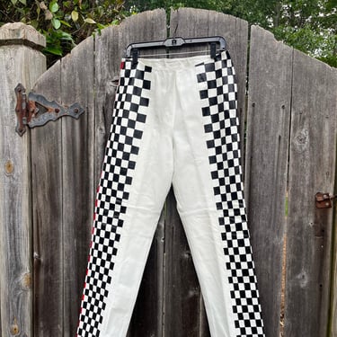 Hand Painted VTG Leather Pants in Checkered Racing Stripe 