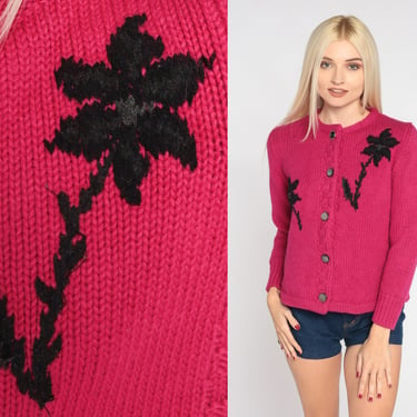 60s Floral Cardigan Magenta Wool Button up Knit Sweater Black Flower Print Grandma Retro Girly Preppy Knitwear Vintage 1960s Extra Small xs 