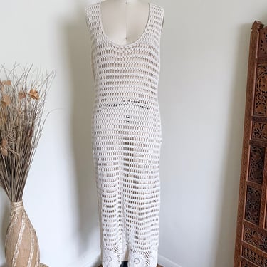 Vintage 90's Natural Cotton Sheer Crochet Dress, S M 