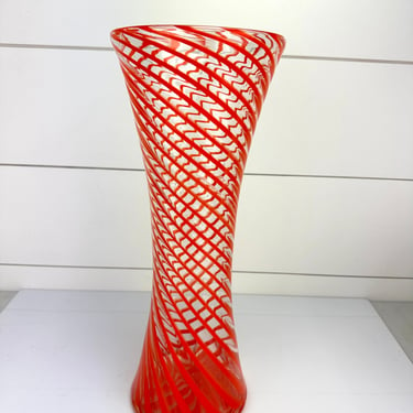 Artisan Studio Art Glass Tall Vase Orange Spiral Swirl Pinwheel Mid Century 15" 