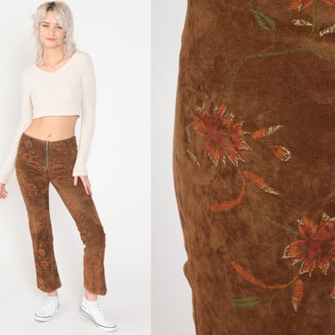 Y2K Faux Suede Pants Flared Embroidered Floral Pants Brown Low Rise Trouser Flared Hippie 00s Bohemian Festival Club Vintage 2xs xxs 