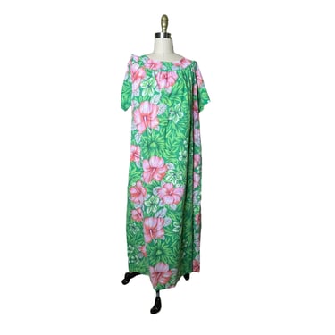 Vintage Sears Floral House Coat Tropical Mumu Kaftan Green pink Hawaiian MEDIUM 12/14 