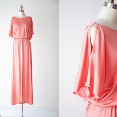 pink maxi dress | 70s vintage silky salmon minimal goddess split sleeve full floor length party prom dress gown 