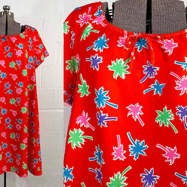 Vintage Palm Tree Dress Rainbow Red Short Sleeve A-Line Sleeves Boho Plus Curvy Volup XXL 2XL 3XL 1980s 