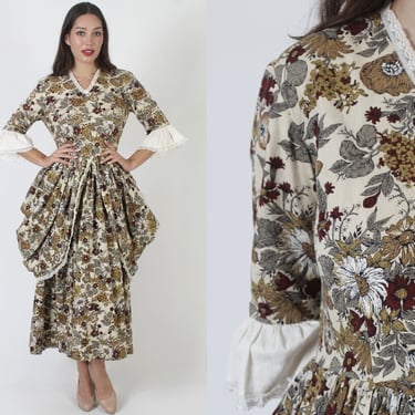 Colonial Inspired Autumn Leaf Print Maxi Dress, Plantation Style Southern Belle Gown, Vintage Country Western Bustle 