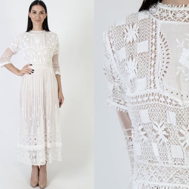 1900s Style White Edwardian Maxi Dress, 20s Delicate Lace Victorian Cotton Gown, Vintage Elegant Traditional Wedding Dress 