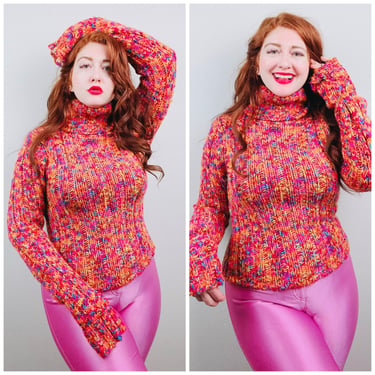 Y2K Vintage Orange and Pink Speckled Sweater / Acrylic Knit Turtleneck XL Sleeve Jumper / Size Large 