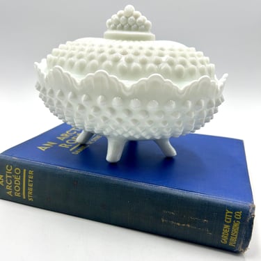 Vintage Fenton Hobnail Milk Glass Oval Candy Dish with Lid, 4 Toed Legs, Egg-Shaped White Glassware 