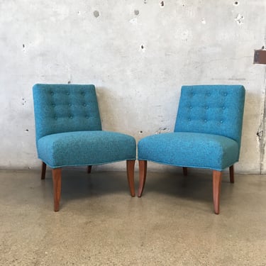 Pair of 1950's Slipper Chairs in New Turquoise Upholstery